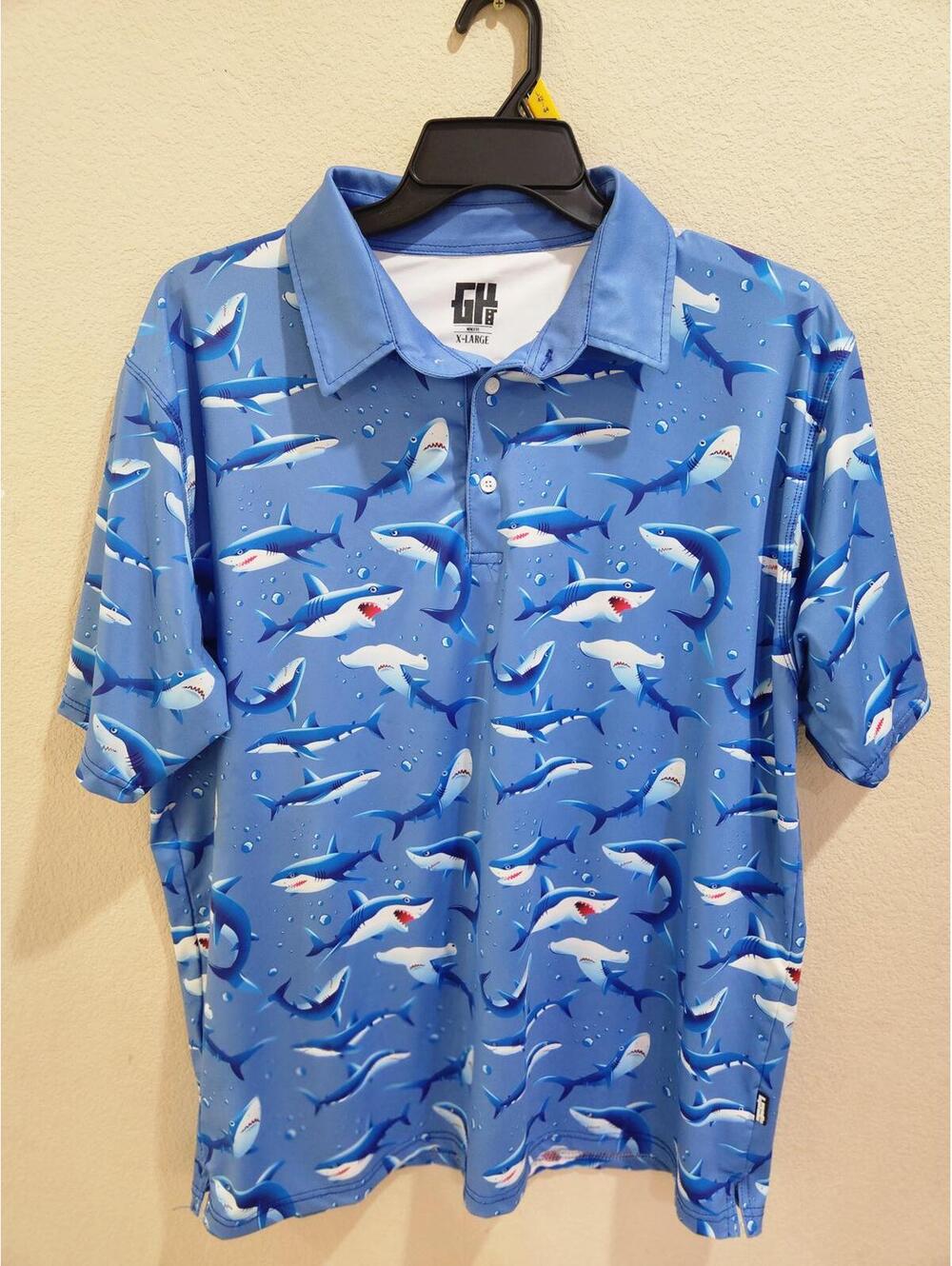 Greater Half Performance Golf button-up Polo Shirt Men's XL Blue Shark AOP